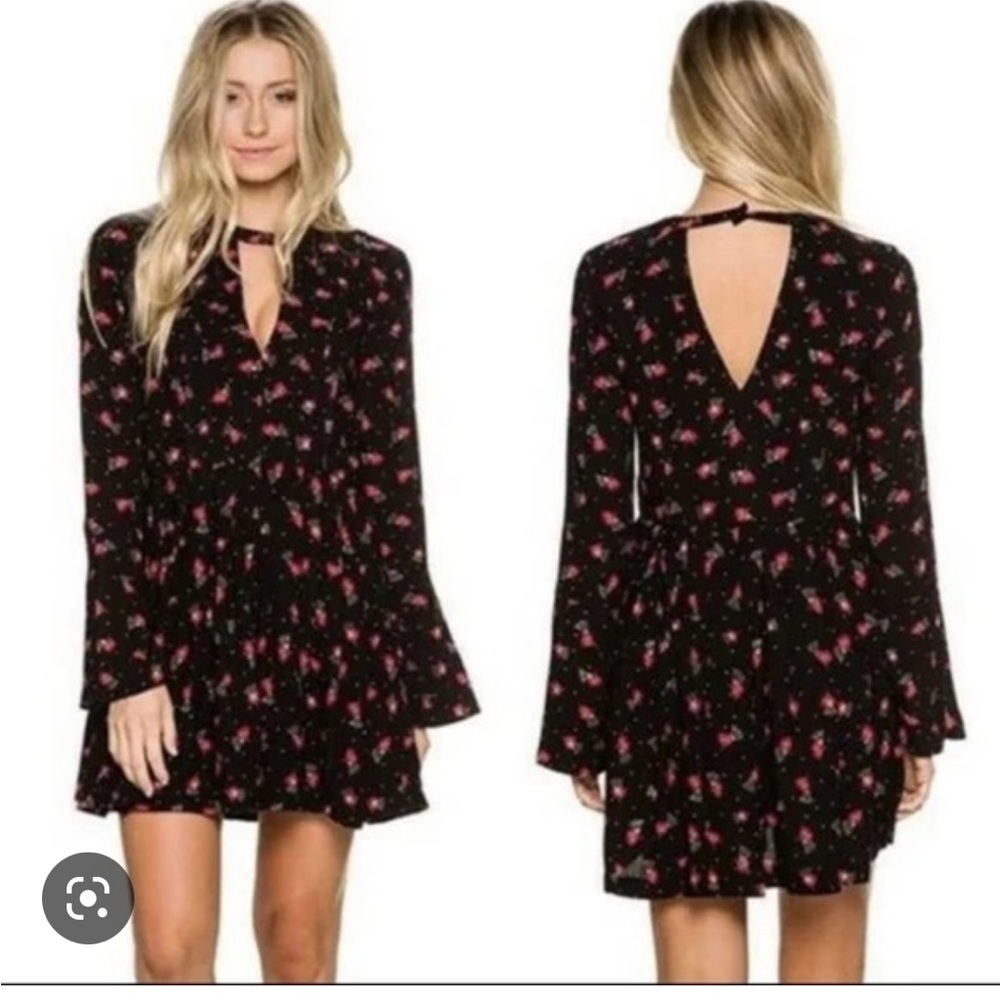Tegan mini dress black and red floral long sleeve with front and back cut out
